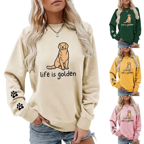 Sweatshirt Femme Mélange De Coton Col Rond Manches Longues Imprimé Chien Golden Retriever Life Is Golden Pull Décontracté