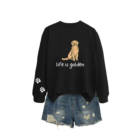 Sweatshirt Femme Mélange De Coton Col Rond Manches Longues Imprimé Chien Golden Retriever Life Is Golden Pull Décontracté