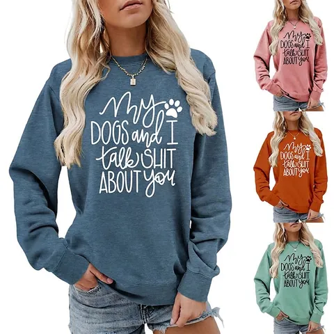 Damen Rundhals Sweatshirt Langarm Lockerer Baumwollmix Lustiger Hunde Slogan Pfotenabdruck Lässiges Pullover Oberteil