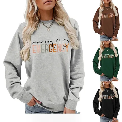 Women Sweatshirt Crewneck Long Sleeve Cotton Polyester Pullover Nurse Emergency Stethoscope Print Casual Loose Top