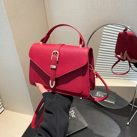 Women Litchi Grain PU Leather Crossbody Bag Fashion Simple Flap Handbag Top Handle Adjustable Strap Elegant Small Square Bag