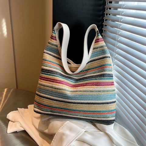 Borsa Tote in Tessuto Bohémien a Righe Arcobaleno Grande Capacità Borsa a Spalla Casual Donna Vacanza Mare Estate Mano