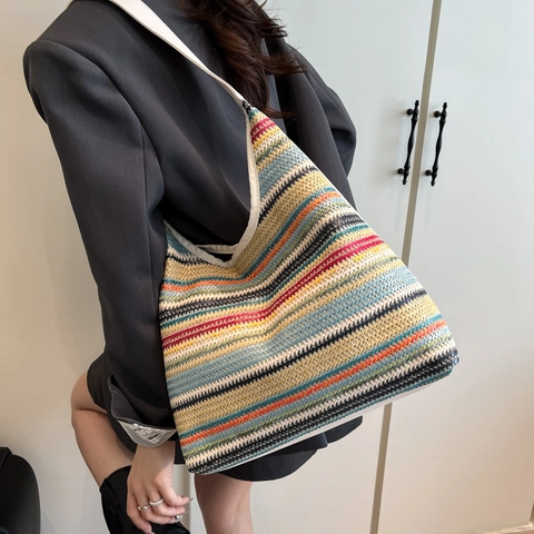 Borsa Tote in Tessuto Bohémien a Righe Arcobaleno Grande Capacità Borsa a Spalla Casual Donna Vacanza Mare Estate Mano
