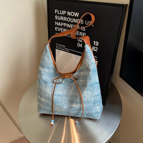 Borsa Tote Da Donna In Tessuto Denim E Ecopelle Grande Capacità Coulisse Fiocco Perline Stile Coreano Semplice Vintage