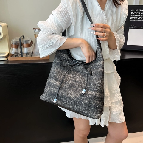 Borsa Tote Da Donna In Tessuto Denim E Ecopelle Grande Capacità Coulisse Fiocco Perline Stile Coreano Semplice Vintage