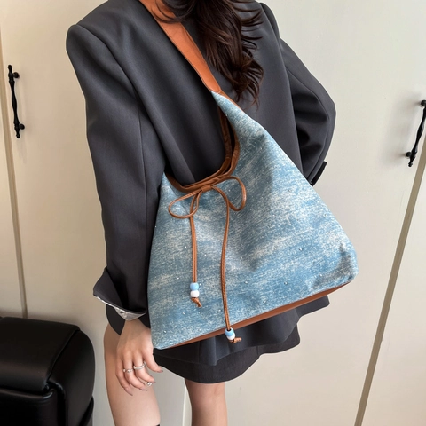 Borsa Tote in Denim Retrò da Donna Grande Capacità Borsa a Spalla Lavata Con Fiocco e Perline Borsa Casual Urbana Versatile