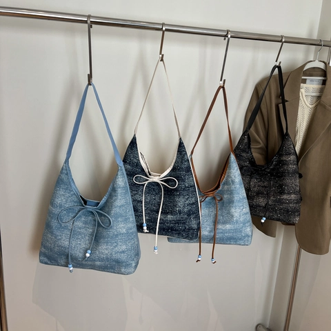 Large Capacity Denim Bow Underarm Tote Bag Women Summer Casual Shoulder Bag With Beads Fashion Commuting Denim Handbag