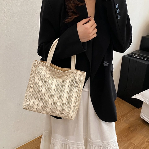 Damen Sommer Stroh Geflochtene Tote Bag Mit PU Leder Griff Große Kapazität Handgemachte Strand Reise Handtasche Lässige Tasche