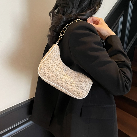 French Style Straw Woven Hobo Shoulder Bag For Women Summer Beach Vacation Underarm Bag With Metal Chain Fashion Weaving Bag
