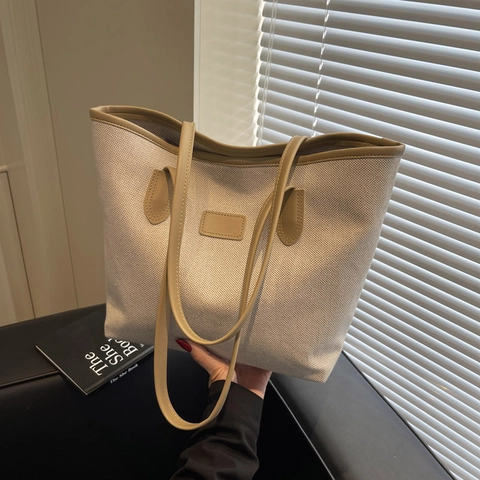Bolso Tote Gran Capacidad Lona Cuero PU Color Contraste Urbano Minimalista Diario Viaje Bolso De Hombro Para Mujeres