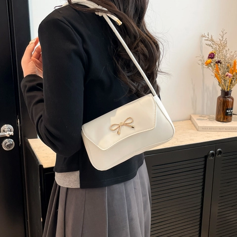 Bolso De Hombro Con Lazo Cuero PU Solapa Magnética Color Sólido Moda Casual Elegante Estilo Coreano Mujeres
