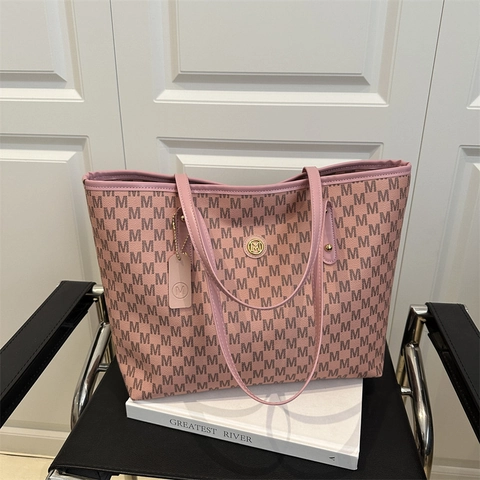 Borsa Tote Grande Capacità Pelle PU Stampa Monogramma M Borsa Da Donna Con Logo Rotondo In Metallo Urban Semplice Spalla