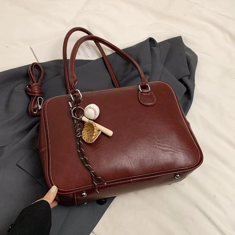 Retro PU Leather Tote Bag With Baseball Pendant For Women Korean Style Large Capacity Contrast Stitching Shoulder Bag