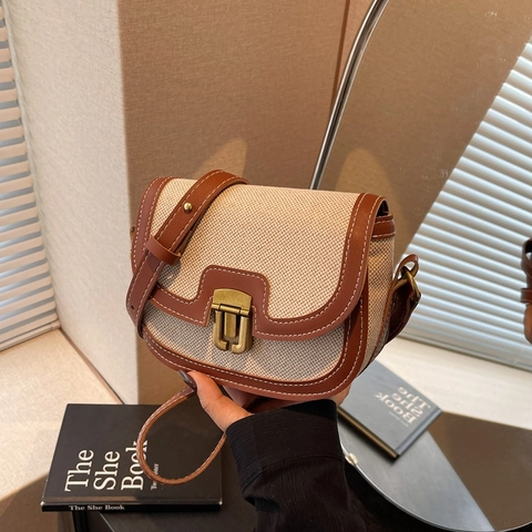 Borsa Tracolla Donna Tela PU Pelle Patchwork Cuciture Contrasto Borsa Sella Vintage Tracolla Regolabile Versatile Chic