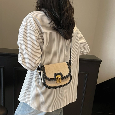 Borsa Tracolla Donna Tela PU Pelle Patchwork Cuciture Contrasto Borsa Sella Vintage Tracolla Regolabile Versatile Chic