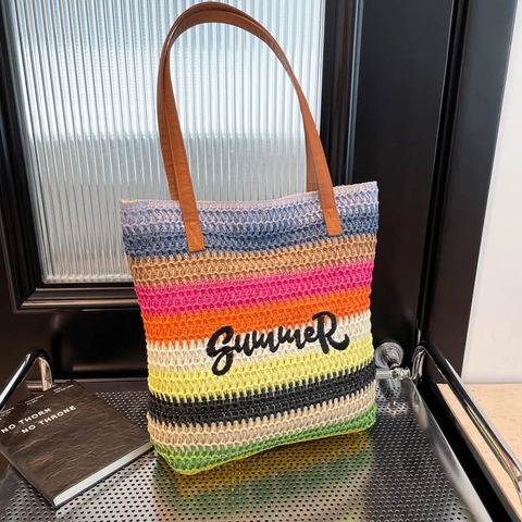 Borsa Tote In Paglia Intrecciata Righe Arcobaleno Ricamo Summer Tracolla Pelle PU Grande Capacità Borsa Da Mano Per Vacanze