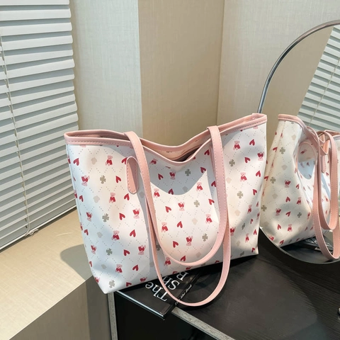 Women Cute Printed Tote Bag PU Leather Large Capacity Shoulder Handbag Commute Style Fashionable