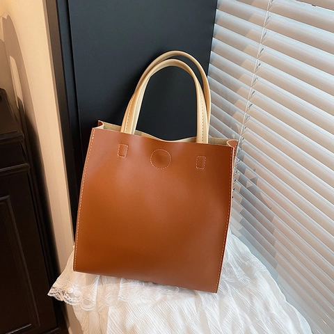Borsa Tote Semplice In Pelle PU Grande Capacità Borsa A Mano Quadrata Verticale Per Donna Stile Urbano Minimalista Quotidiano