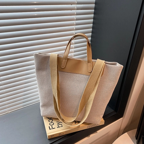 Women's Contrast Color Patchwork Canvas Tote Bag Large Capacity Commuter Shoulder Bag PU Leather Handle Casual Bucket Bag