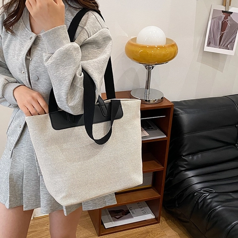 Women's Contrast Color Patchwork Canvas Tote Bag Large Capacity Commuter Shoulder Bag PU Leather Handle Casual Bucket Bag