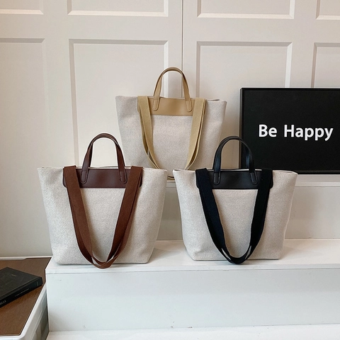 Japans Minimalistisch Canvas Tote Bag Vrouwen Grote Capaciteit Kunstleer Patchwork Contrast Schoudertas Dagelijkse Forenzen Handtas