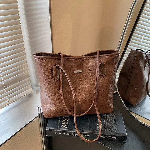 Women Large Capacity PU Leather Tote Bag Litchi Grain Minimalist Shoulder Bag Solid Color Casual Handbag For Work Daily Commute