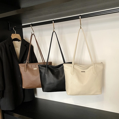 Large Capacity PU Leather Tote Bag For Women Solid Color Casual Commuter Shoulder Bag Textured Minimalist Handbag