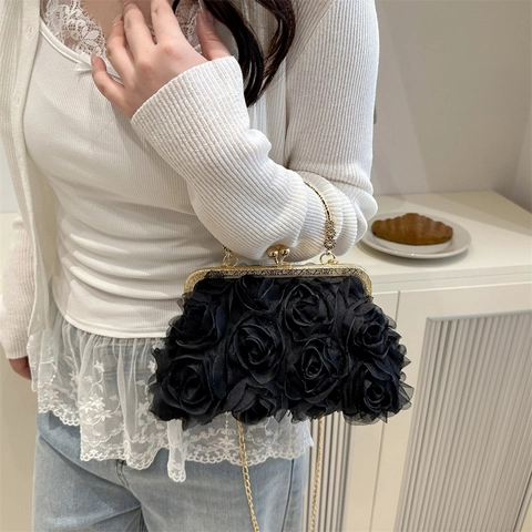 Damen Elegant 3D Rosen Abendtasche Retro Legierung Griff Metallkette Schulter Umhängetasche Für Hochzeit Party Bankett