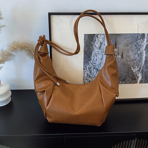 Women Hobo Bag PU Leather Knotted Shoulder Strap Minimalist Retro Large Capacity Shoulder Crossbody Dumpling Bag