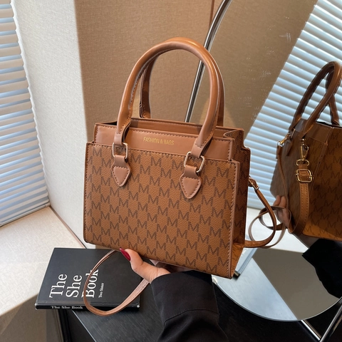 Women Fashion Handbag PU Leather M Monogram Letter Print Retro Tote Square Crossbody Bag With Detachable Shoulder Strap