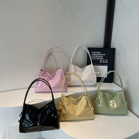 Women's Glossy PU Leather Shoulder Bag Large Capacity Minimalist Tote Bag with Knot Detail Chic Casual Underarm Bag for Daily Commute