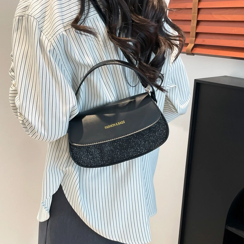 Women Shoulder Bag PU Leather Glitter Patchwork Flap Crossbody Bag Elegant Handbag For Party Office Minimalist