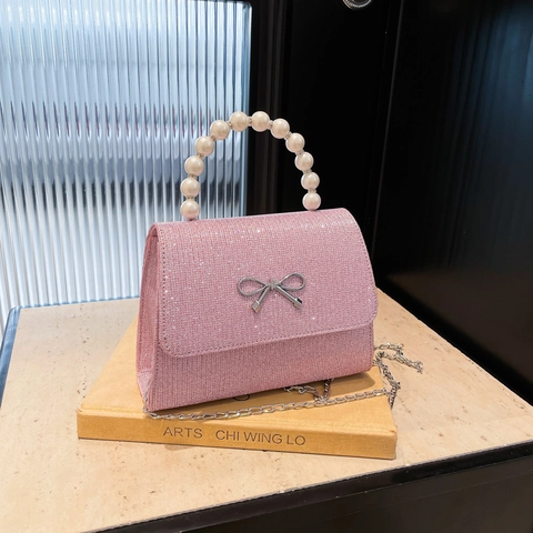 Bolso Bandolera de Lentejuelas para Mujer Con Asa de Perlas Artificiales Elegante Detalle de Lazo Brillo Bolso Cuadrado Pequeño para Fiesta