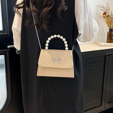 Women Elegant Glitter Bow Shoulder Bag With Pearl Handle Stylish Sequin Crossbody Bag For Party Wedding Evening Handbag With Metal Chain Strap