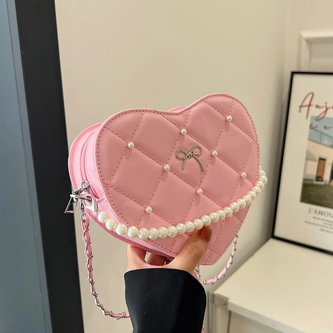 Heart Shaped Crossbody Bag Quilted PU Leather Artificial Pearl Bow Chain Shoulder Bag For Women Sweet Elegant Commuting