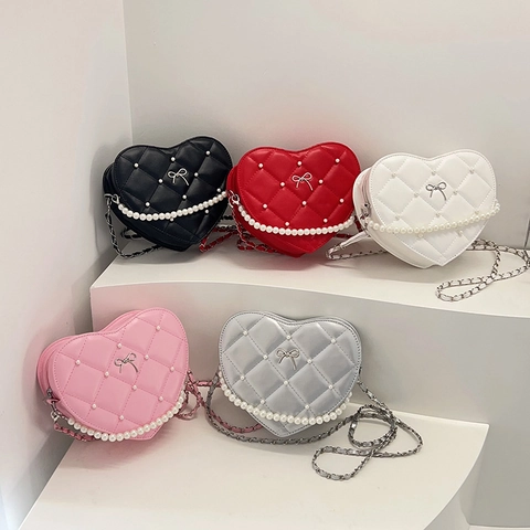Women Heart Shaped Crossbody Bag PU Leather Quilted Rhombus Artificial Pearl Bow Chain Shoulder Bag For Daily Party Lolita Style
