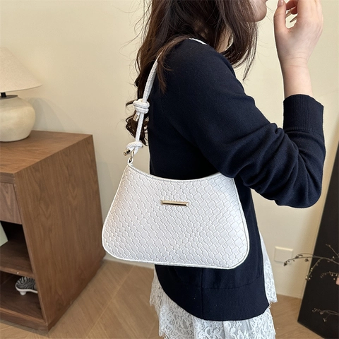 Bolso de Hombro de Cuero PU con Relieve de Moda para Mujer Minimalista Color Sólido Bolso de Axila con Correa de Nudos Bolso Cruzado