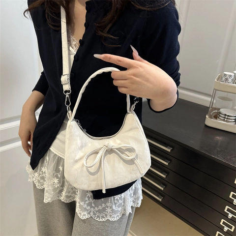 Women Fashion Bow Crescent Hobo Bag PU Leather Wrinkled Texture Handbag Sweet Style Shoulder Crossbody Bag For Daily Use
