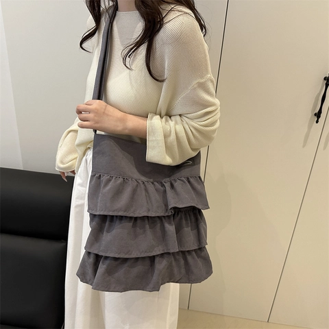 Women Ruffle Tote Bag Large Capacity Canvas Shoulder Bag Korean Style Solid Color Casual Hobo Bag For Women Daily Shopping