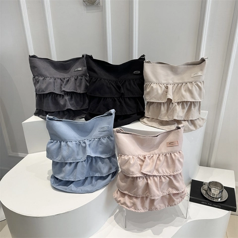 Sac Fourre-tout Femme en Toile à Volants Grande Capacité Sac à Épaule Doux Sac à Main à Volants Plissés Multicouches