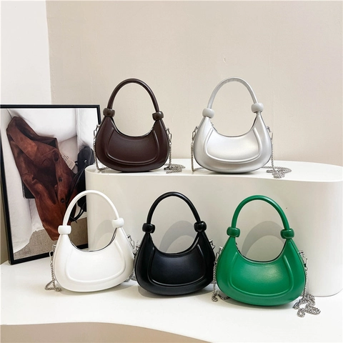 Damen Halbmond Hobo Tasche PU Leder Crescent Unterarmtasche Mit Abnehmbarem Silbernem Kettenriemen Minimalistische Handtasche