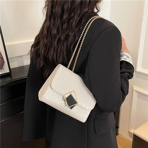 Bolso de Hombro para Mujer de Cuero PU con Textura Tejida Bolso de Bandolera con Cadena y Hebilla Geométrica Cuadrado Pequeño