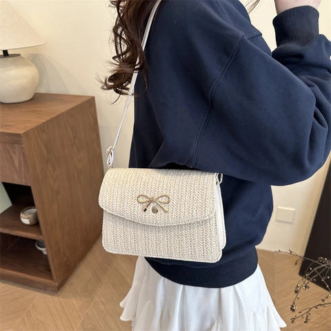 Women's Korean Fashion Straw Woven Shoulder Bag Bow Metal Buckle Crossbody Small Square Bag For Summer Vacation Daily Use
