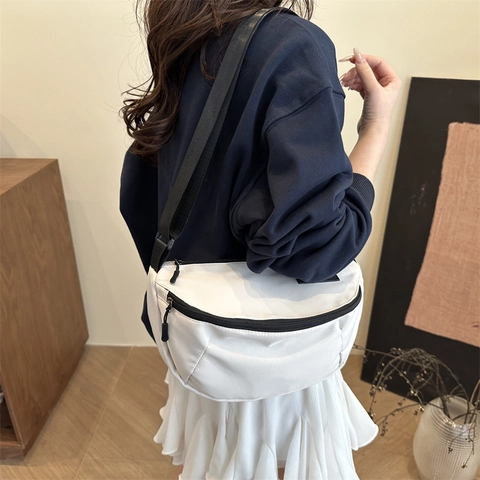 Women Nylon Crossbody Bag Half Moon Chest Waist Sling Bag Adjustable Strap Casual Urban Simple Style Solid Color