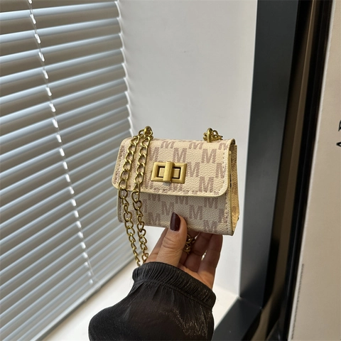 Mini Borsa a Tracolla a Catena Donna Pelle PU Lettera M Monogramma Piccola Borsa Quadrata Con Chiusura a Girello Oro