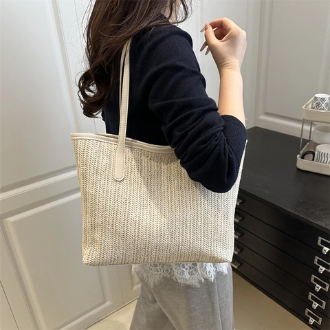2025 Estate Nuovo Grande Capacità Intrecciato Paglia Tote Borsa Per Donna Spina di Pesce Semplice Casual Borsa a Spalla Spiaggia