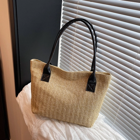 Damen Koreanischer Stil Gewebte Stroh Tragetasche Minimalistisch Große Kapazität Umhängetasche Mit Kunstledergriff Für Sommer Strand Alltag