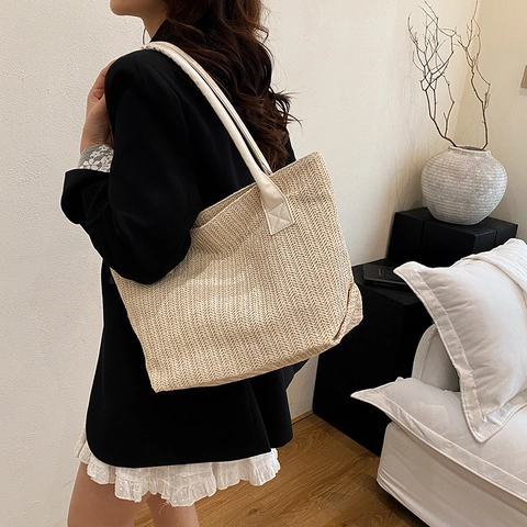Damen Koreanischer Stil Gewebte Stroh Tragetasche Minimalistisch Große Kapazität Umhängetasche Mit Kunstledergriff Für Sommer Strand Alltag