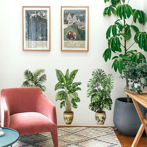 Adesivi da Parete Moderni Semplici con Piante Tropicali Foglie in Vaso Farfalle Decalcomanie da Parete in PVC Autoadesive Rimovibili