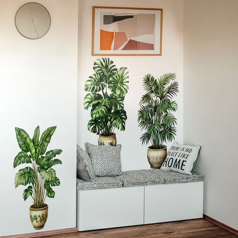 Tropical Green Plants Potted Wall Stickers PVC Self Adhesive Leaves Butterfly Home Decor For Living Room Bedroom